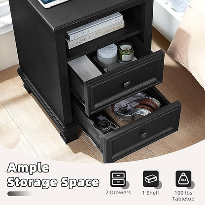 SAVOR LIFE Farmhouse Side Table with Charging Station, Rustic Black Nightstand with Drawers, Bedside Table with Open Shelf for Bedroom, Black