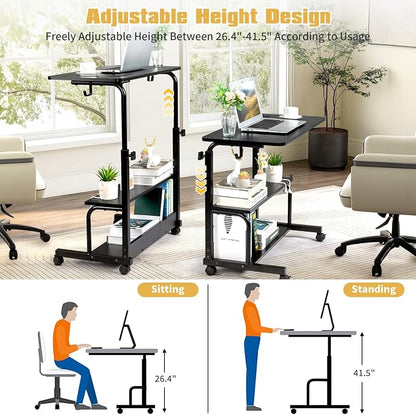 Mobile Laptop Desk with Power Outlets, Height Adjustable TV Tray Table with Storage Shelf, Rolling Computer Table with USB Ports (Black)