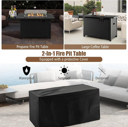 Tangkula Patio Propane Fire Pit Table, 52 Inch Wicker Gas Fire Pit with Wind Guard & Extended Shelf, 50,000 BTU Heat Output, Rectangular Fire Table with Blue Fire Stone & Waterproof Cover (Black)