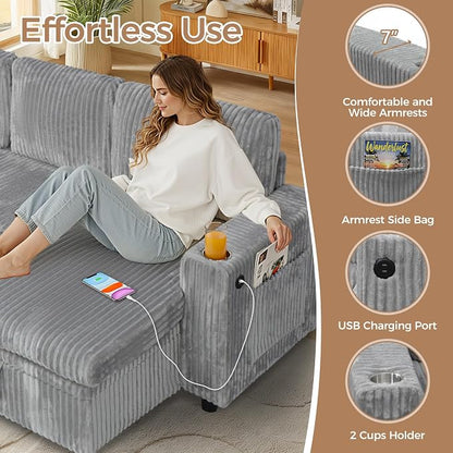 Modular Sectional Sleeper Sofa with Pull Out Bed, Plush Corduroy U Shaped Couch with Storage Chaise, USB Ports, Cup Holders, Comfy Cloud Couches for Living Room, Grey