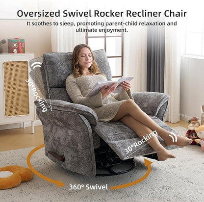 Oversized Glider Rocker Recliner, 26" Extra Wide 360° Swivel Nursery Recliner with Adjustable Headrest, Chenille Rocking Nursery Chair with Overstuffed Armrest, Lumbar Support, Dark Grey