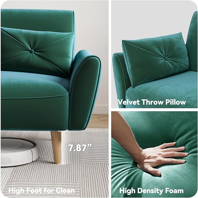 Brelice Loveseat Sofa, 47" Velvet Couch for Bedroom, Convertible Wooden Tray & Ergonomic Armrest, for Small Space, Apartment, Living Room, Home Office, Easy Assembly, Green