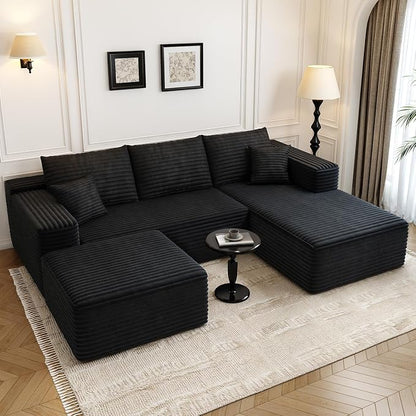 107.5" Cloud Modular Sectional Sofa with 1 Ottoman,Modern Minimalist Upholstered Couches, Comfort U Shaped Sofa for Living Room,Deep Seat Corner Couch，No Assembly Required (Black,Right Facing Chaise)