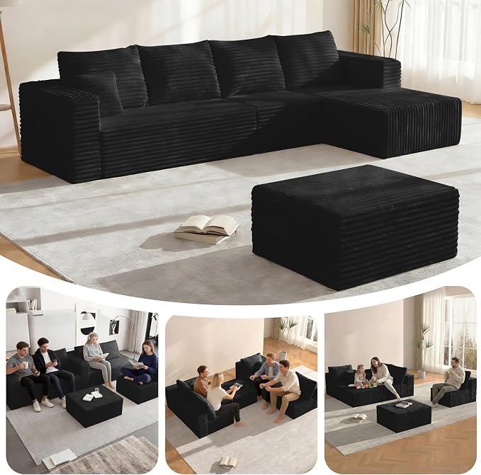 Black Sectional Couch with Ottoman, 92.5" Cloud Modular Couch for Living Room, Modern U-Shaped Sofa, No Assembly Required - Plush Corduroy Fabric & Deep Seat Comfort, No Assembly Needed