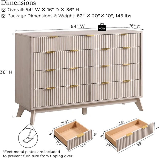 T4TREAM Fluted 9 Drawers Dresser, 54" Wide Modern Chest of Drawers, Curved Profile Design, Dresser TV Stand, Wood Drawer Organizer for Bedroom, Living Room, Hallway, White Alder