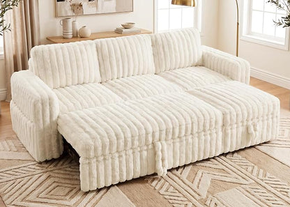 HONBAY Plush Corduroy Modular Sectional Sofa with Pull Out Bed L Shaped Sleeper Sofa with Storage Sectional Couches for Living Room,Plush Beige