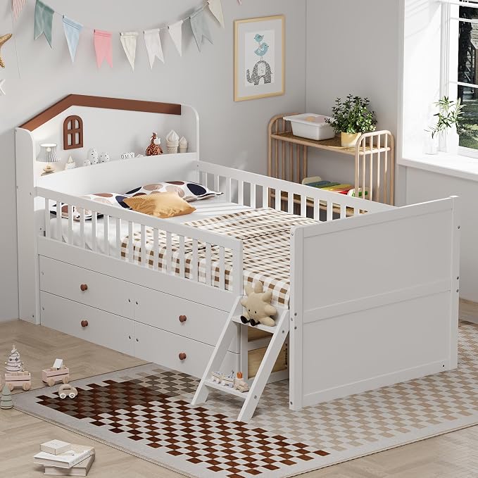 Bellemave Kids Twin Platform Bed with 4 Drawers & Storage Headboard, Wooden Twin Bed Frame with Safety Guardrails & Ladder for Kids Girls Boys, White