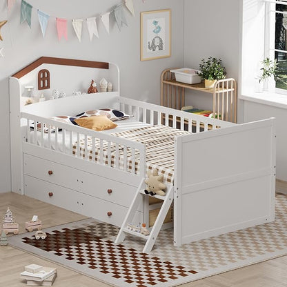 Bellemave Kids Twin Platform Bed with 4 Drawers & Storage Headboard, Wooden Twin Bed Frame with Safety Guardrails & Ladder for Kids Girls Boys, White