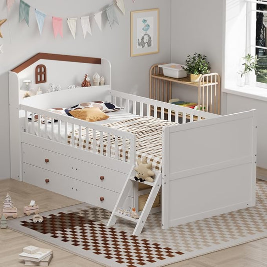 Bellemave Kids Twin Platform Bed with 4 Drawers & Storage Headboard, Wooden Twin Bed Frame with Safety Guardrails & Ladder for Kids Girls Boys, White