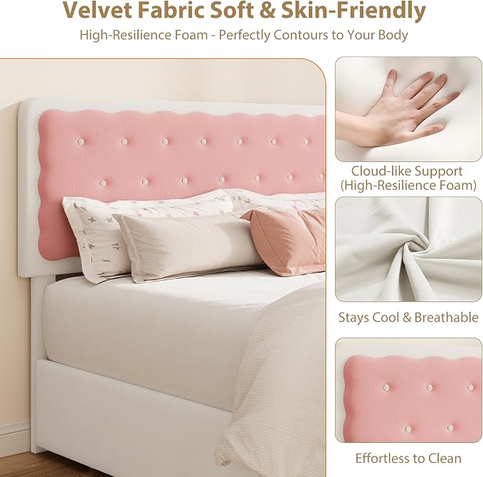 Garvee Full Size Velvet Upholstered Bed with Biscuit Shaped Headboard, 2 Drawers, Wood Slats, No Box Spring Needed, Easy Assembly – Cream White & Pink