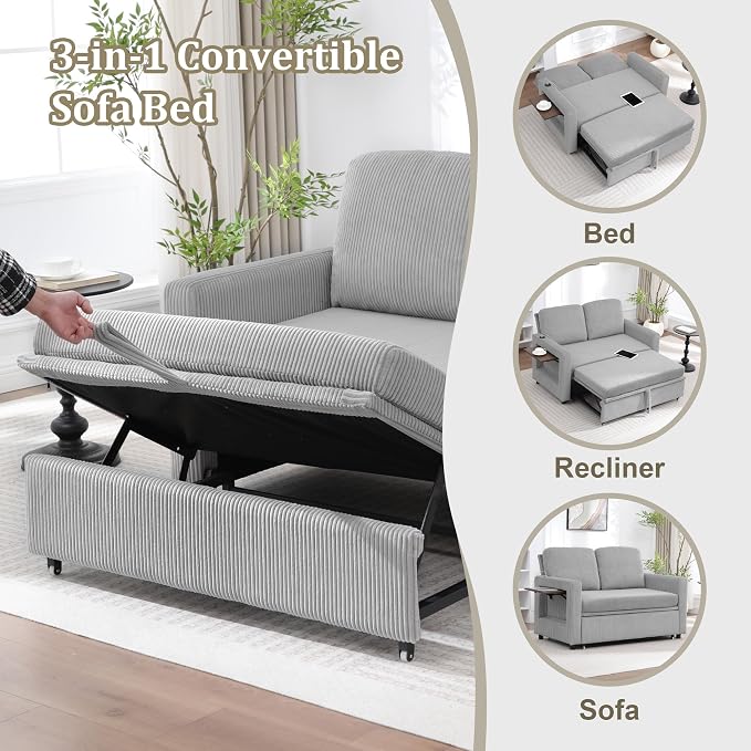 3 in 1 Folding Convertible Sleeper Sofa Bed, Pull Out Couch with Side Pockets USB Port Side Table Loveseat Sofa Bed with Adjustable Backrest for Living Room Bedroom 66" LIGHTGREY 2 SEAT