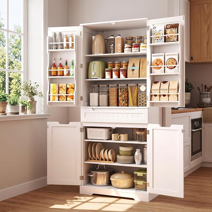 Gizoon 70" Tall Kitchen Pantry Cabinet with Doors and Adjustable Shelves, Pantry Storage Cabinet with Drawer Freestanding Organizer for Small Kitchen Bathroom Laundry Room, Painted White