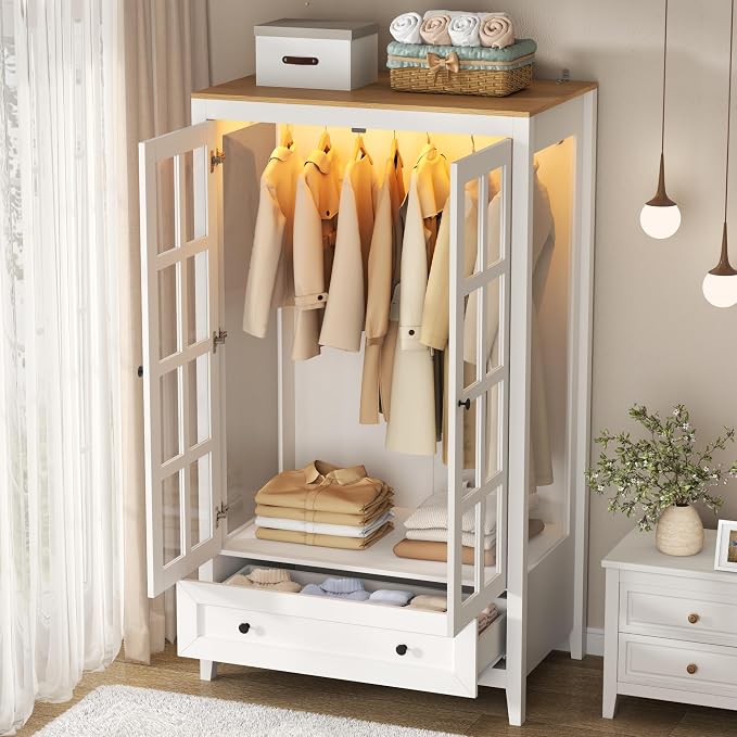 Gyfimoie Armoire Wardrobe Closet with LED Lights, 55'' Modern Clothing Storage Cabinet with Glass Doors and Drawer, Large Wardrobe Cabinet with Hanging Rod for Bedroom