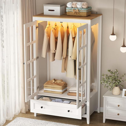 Gyfimoie Armoire Wardrobe Closet with LED Lights, 55'' Modern Clothing Storage Cabinet with Glass Doors and Drawer, Large Wardrobe Cabinet with Hanging Rod for Bedroom