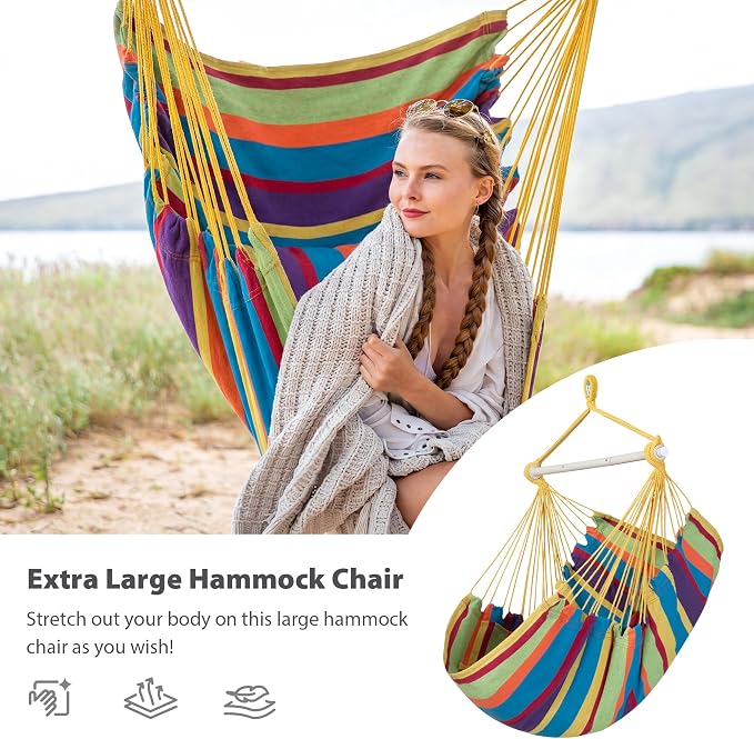SUNCREAT Hammock Chairs Hammock Chair Swing with Steel Support Bar, Side Pocket, Large Swing Chair for Bedroom, Patio, Garden, Rainbow