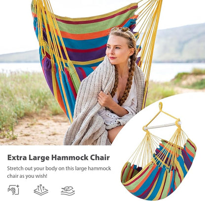SUNCREAT Hammock Chairs Hammock Chair Swing with Steel Support Bar, Side Pocket, Large Swing Chair for Bedroom, Patio, Garden, Rainbow