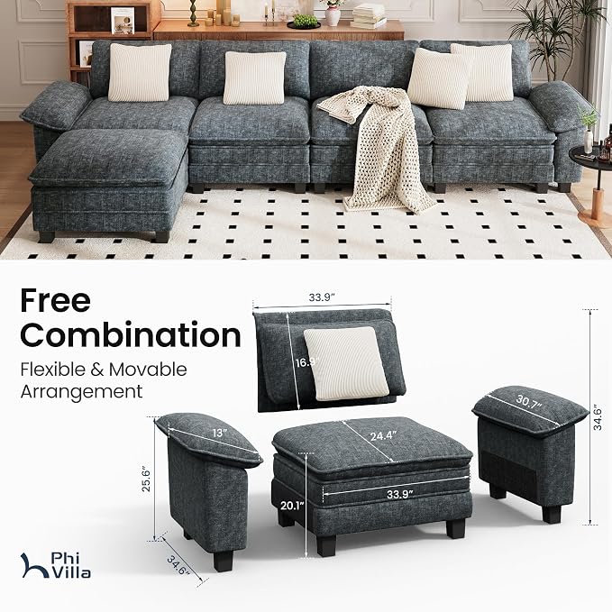 PHI VILLA Cloud Modular Couch Sets, 157.5" Oversized Sectional Sofa with L-Shaped Chaise, 5-Seater Upholstered Couches with Movable Ottoman for Living Room, Chenille Dark Cyan