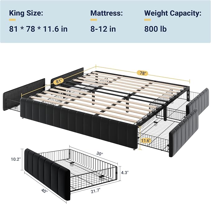 Allewie King Size Platform Bed Frame with 4 Large Storage Drawers, Velvet Vertical Channel Tufted Upholstered Bed Base, Wooden Slats Support, Noise-Free, No Box Spring Needed, Easy Assembly, Black