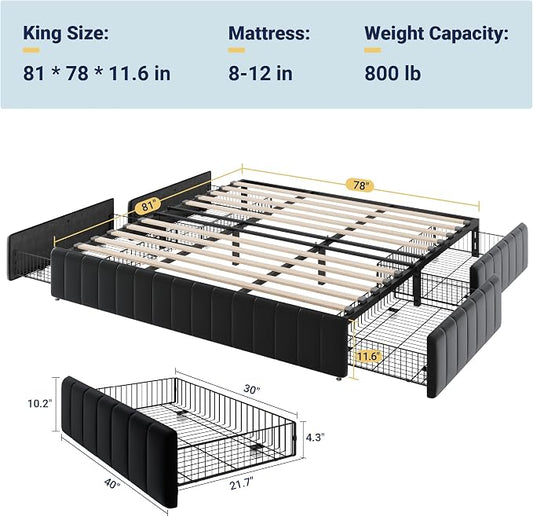 Allewie King Size Platform Bed Frame with 4 Large Storage Drawers, Velvet Vertical Channel Tufted Upholstered Bed Base, Wooden Slats Support, Noise-Free, No Box Spring Needed, Easy Assembly, Black