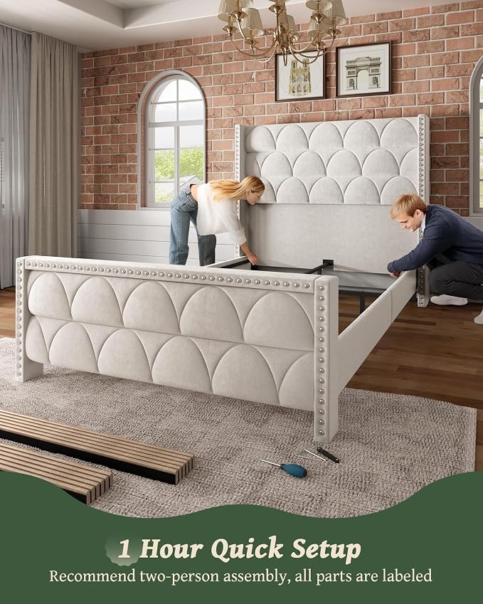 OHOHOLIVE Queen Size Bed Frame with 56" Headboard - Velvet Upholstered Wingback Platform Bed Frame, Noise Free, Sturdy Wooden Slat Support (Cream, Queen)