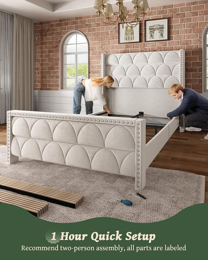 OHOHOLIVE Queen Size Bed Frame with 56" Headboard - Velvet Upholstered Wingback Platform Bed Frame, Noise Free, Sturdy Wooden Slat Support (Cream, Queen)