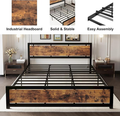 LIKIMIO King Bed Frame with Headboard and Footboard, Metal Strong Supports, Easy Assembly, Noise-Free, No Box Spring Needed, Vintage Brown