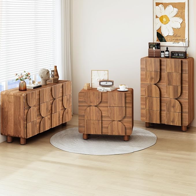 Fluted Dresser for Bedroom with 6 Drawers, 54" Wide Mid Century Modern Chest of Drawers , Wooden Curved Dresser TV Stand, Wood Closet Clothes Storage Organizer for Living Room, Hallway, Walnut
