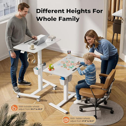 35" Glass Mobile Standing Desk with 90° Tilt, Rolling Whiteboard on Wheels | Height Adjustable Portable Drafting Table with Storage, Small Foldable Laptop Desk for School Home Office, White
