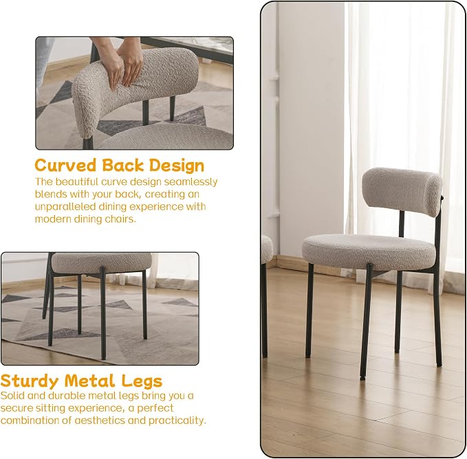 EDWELL Grey Dining Chairs Set of 6, Mid Century Modern Dining Room Chairs with 3.94” Cushions, Round Upholstered Boucle Chairs with Black Metal Legs for Kitchen, Living Room