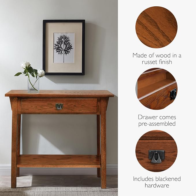 Leick Home Mission Console Table, Solid Wood, 1 Storage Drawer, Bottom Display Shelf, Narrow Depth, Easy-Assembly, For Living Room/Hallway, Russet, 30 in L x 10 in W x 28 in H, 9057-RS