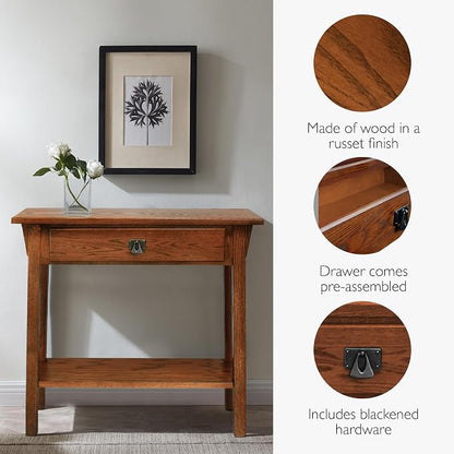Leick Home Mission Console Table, Solid Wood, 1 Storage Drawer, Bottom Display Shelf, Narrow Depth, Easy-Assembly, For Living Room/Hallway, Russet, 30 in L x 10 in W x 28 in H, 9057-RS