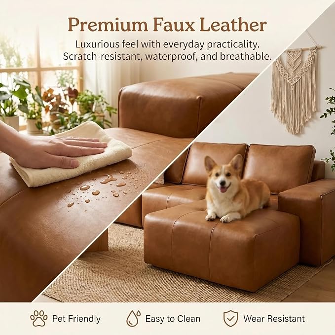 114” Boneless Sectional Couches for Living Room, Brown Cloud Faux Leather Couch in a Box, Modular Sectional Sofas for Living Room, L Shaped Couch with Chaise, Memory Foam Deep Seat,Right Chaise