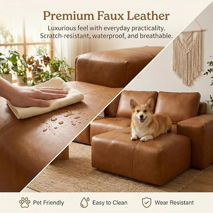 114” Boneless Sectional Couches for Living Room, Brown Cloud Faux Leather Couch in a Box, Modular Sectional Sofas for Living Room, L Shaped Couch with Chaise, Memory Foam Deep Seat,Right Chaise