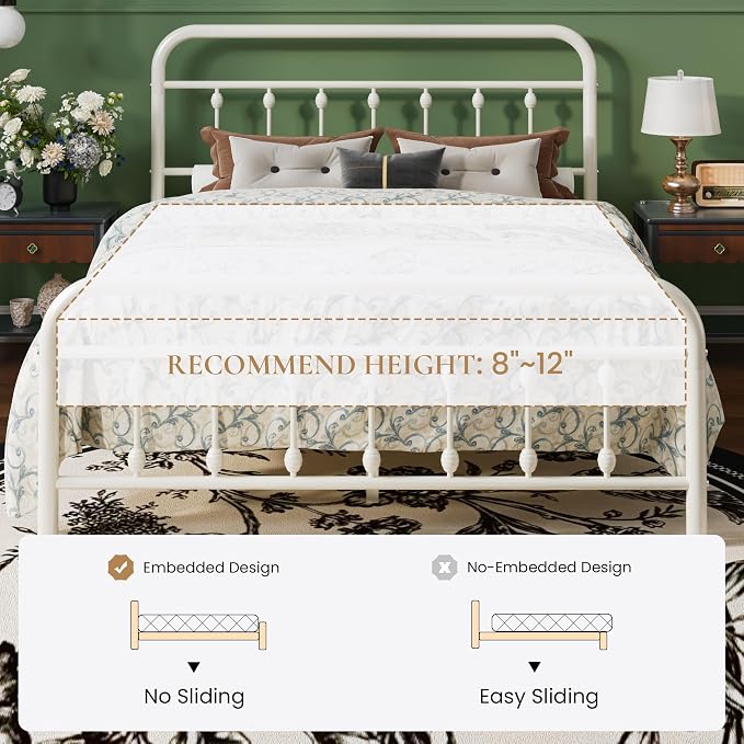 SHA CERLIN Queen Size Metal Platform Bed Frame with Victorian Style Iron-Art Headboard and Footboard, Easy Assembly, Under Bed Storage, No Box Spring Required, Off White