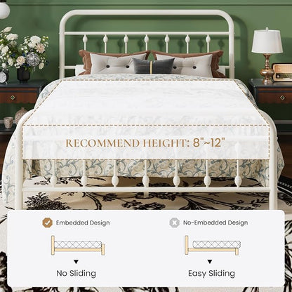 SHA CERLIN Queen Size Metal Platform Bed Frame with Victorian Style Iron-Art Headboard and Footboard, Easy Assembly, Under Bed Storage, No Box Spring Required, Off White