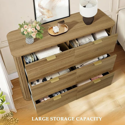 SoarFlash 3‑Piece Fluted Bedroom Furniture Set, 6‑Drawer Cabinet & 2‑Drawer Nightstands, French Modern Vintage Wood Storage Unit for Bedroom Entryway Hallway, Brown