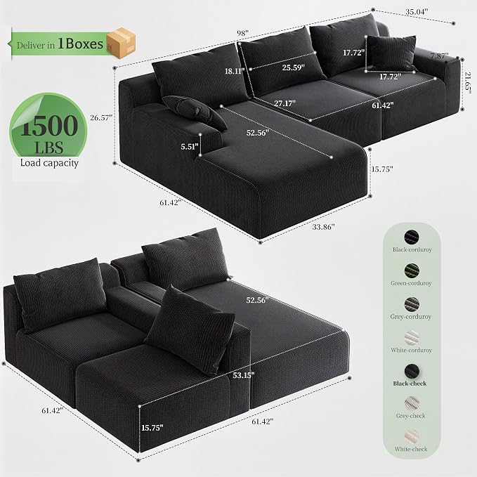 Homkdom 98" Boneless Modular Sectional Sofa, Cloud Couch with 27" Deep Seat & Oversized Chaise, L-Shaped High-Density Foam Sofa for Living Room, No Assembly Required (Black-Check, Left Facing)