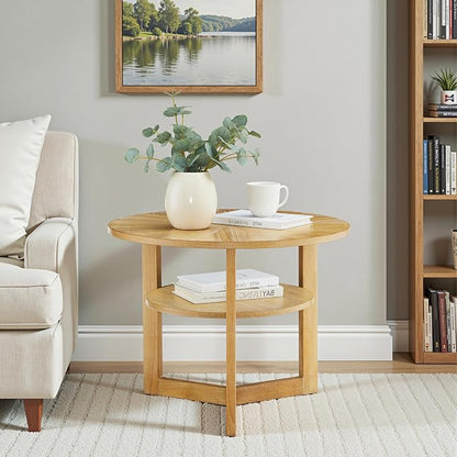 25" Round Coffee Table for Small Spaces, Circle Wood Coffee Table with Storage Shelf, 2 Tier Small Center Table for Living Room Apartment Home Furniture, Easy Assembly (Natural Brown,25"Dx25"Wx20"H)