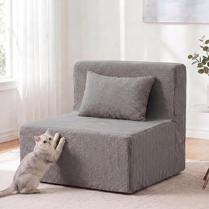 FILUXE Convertible Folding Sofa Bed-Sleeper Chair with Pillow, Modern Linen Fabric Floor Futon Couch, Foldable Mattress for Living Room/Guest Use/Apartment,Single,Dark Gray+ Dark Gray Cover