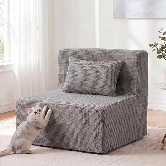 FILUXE Convertible Folding Sofa Bed-Sleeper Chair with Pillow, Modern Linen Fabric Floor Futon Couch, Foldable Mattress for Living Room/Guest Use/Apartment,Single,Dark Gray+ Dark Gray Cover