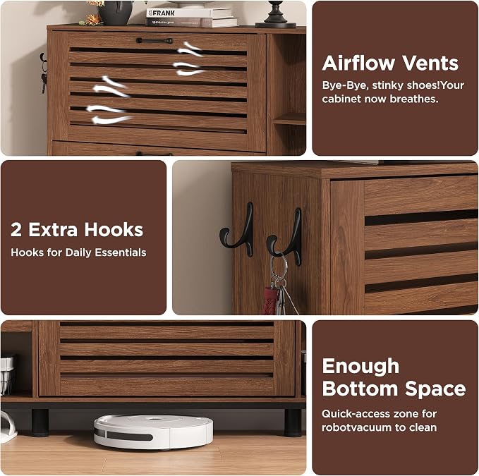 Maupvit Narrow Shoe Cabinet with Bench for Entryway, 3 Flip Louvered Doors & Side Storage Cabinet, 44" H Shoes Organizer with Upholstered Seat & Hooks for Front Door Entrance, Walnut