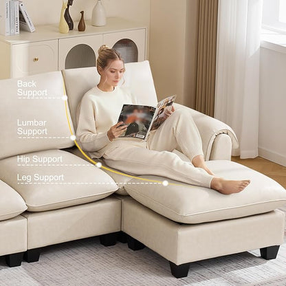 96" Faux Leather Modular Sectional Sofa with Movable Ottoman, Oversized 3 Seater Couch with Curved Armrests, Cloud Modern L-Shaped Sofa Deep Seat for Living Room, Beige