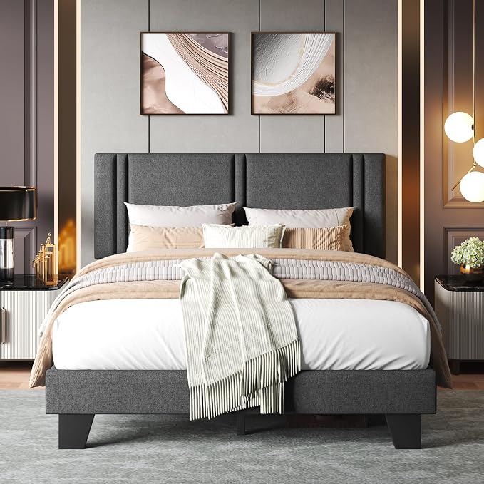 Einhomn Upholstered Full Size Bed Frame with Linen Fabric Headboard, Strong Wooden Slats Support, Noise Free, No Box Spring Needed, Dark Grey