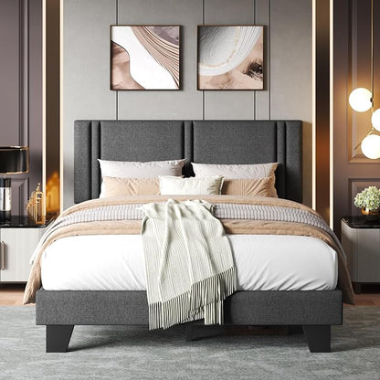 Einhomn Upholstered Full Size Bed Frame with Linen Fabric Headboard, Strong Wooden Slats Support, Noise Free, No Box Spring Needed, Dark Grey