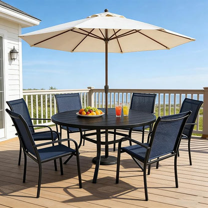 SUNCROWN 7 - Piece Outdoor Dining Set, Patio Furniture Set with 6 x Textilene Dinning Chairs and 53" Metal Round Table with Umbrella Hole for Lawn Garden Backyard Deck, Blue