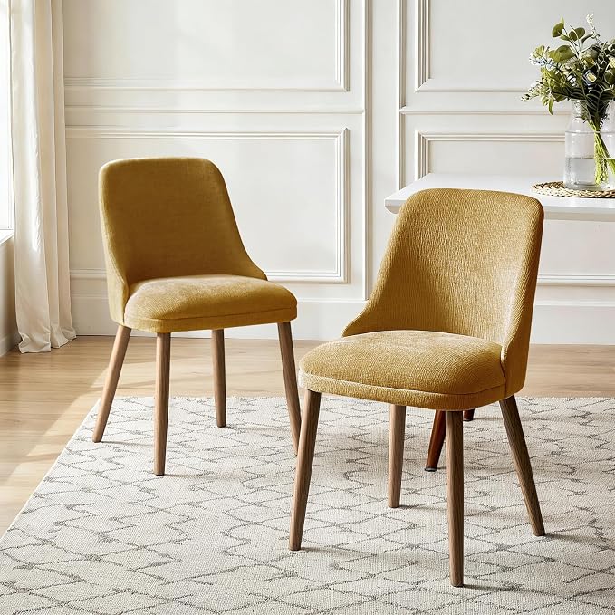 Upholstered Dining Chairs Set of 2, Fabric Dining Room Chairs with Curved Backrest, Solid Wood Legs, Modern Kitchen Chairs for Dining Room Living Room, Mustard