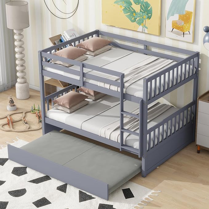 Harper & Bright Designs Convertible Wood Full-Over-Full Bunk Bed with Trundle and Ladder - Can Be Divided Into Two Platform Beds, Grey