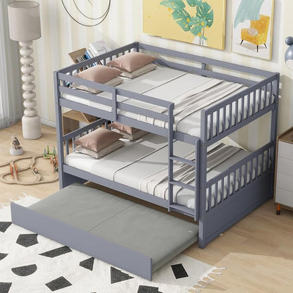 Harper & Bright Designs Convertible Wood Full-Over-Full Bunk Bed with Trundle and Ladder - Can Be Divided Into Two Platform Beds, Grey