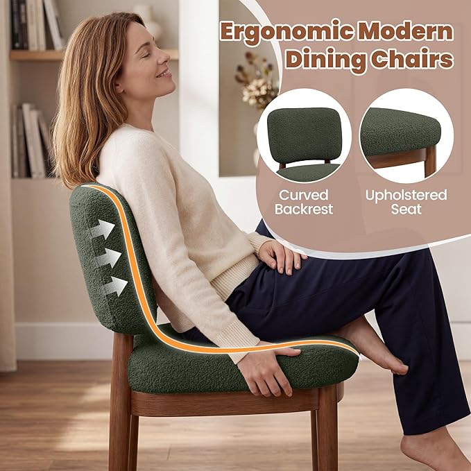 Wooden Dining Chairs Set of 2, Boucle Upholstered Kitchen Chairs with Solid Wood Legs, Mid Century Modern Dining Chairs, Farmhouse Side Chair with Hardwood Frame for Dining Room, Green