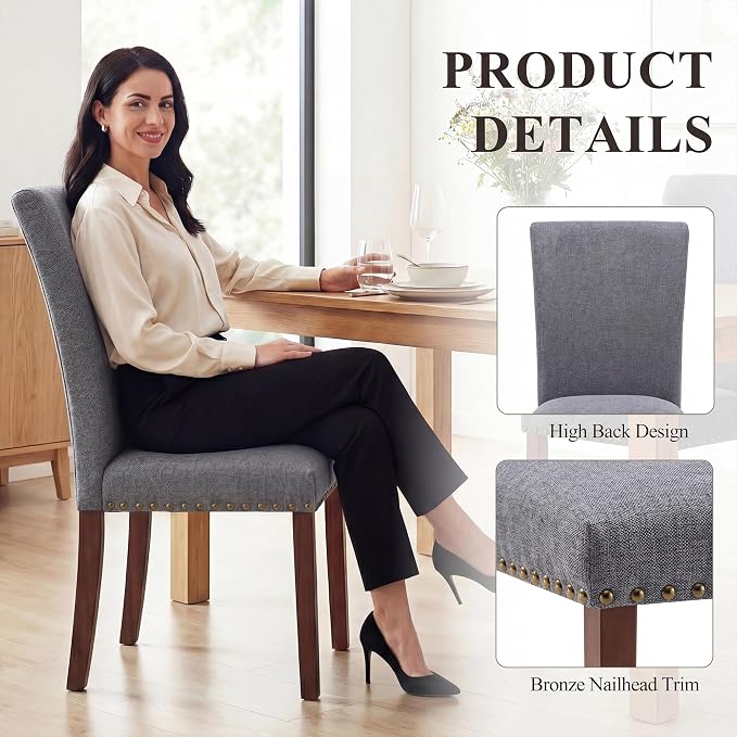 COLAMY Upholstered Parsons Dining Chairs Set of 4, Fabric Dining Room Kitchen Side Chair with Nailhead Trim and Wood Legs - Dark Grey